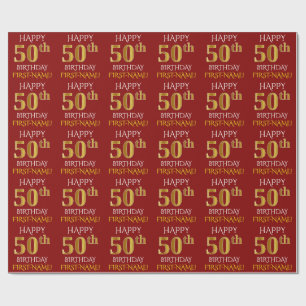 Papel De Presente Vermelho, Faux Dourado "FELIZ 50 ANOS"