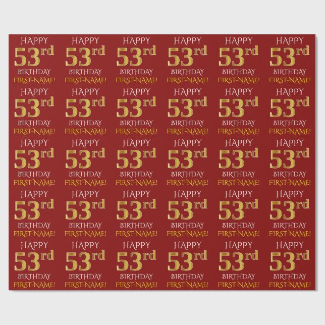 Papel De Presente Vermelho, Faux Dourado "FELIZ 53º ANIVERSÁRIO" (Aberto)