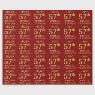 Papel De Presente Vermelho, Faux Dourado "FELIZ 57 ANOS"