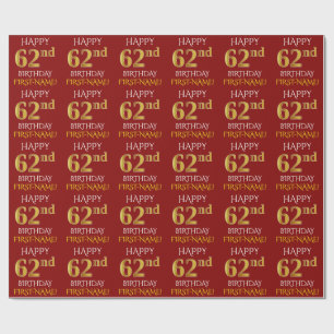 Papel De Presente Vermelho, Faux Dourado "FELIZ 62º ANIVERSÁRIO"