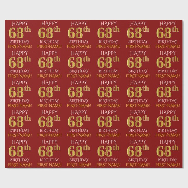 Papel De Presente Vermelho, Faux Dourado "FELIZ 68 ANOS" (Aberto)