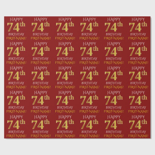 Papel De Presente Vermelho, Faux Dourado "FELIZ 74 ANOS" (Aberto)