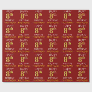 Papel De Presente Vermelho, Faux Dourado "FELIZ 8º ANIVERSÁRIO"