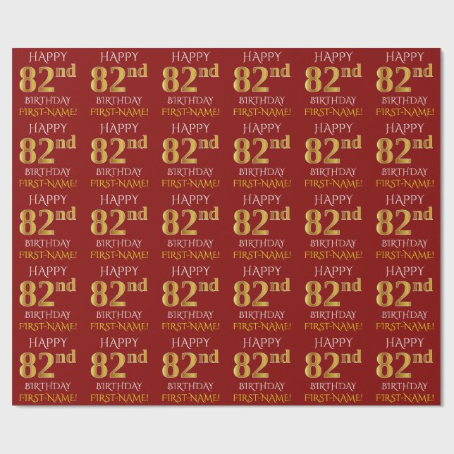 Papel De Presente Vermelho, Faux Dourado "FELIZ 82º ANIVERSÁRIO" (Aberto)