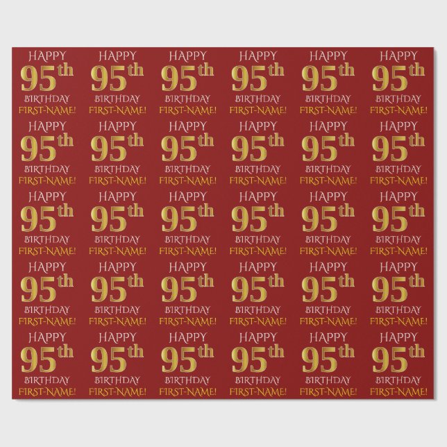 Papel De Presente Vermelho, Faux Dourado "FELIZ 95 ANOS" (Aberto)
