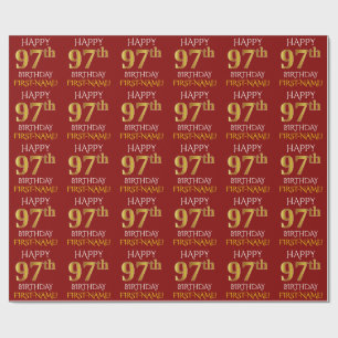 Papel De Presente Vermelho, Faux Dourado "FELIZ 97º ANIVERSÁRIO"