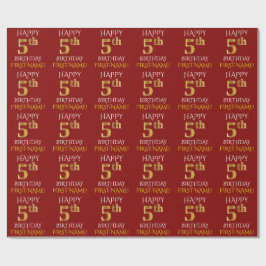 Papel De Presente Vermelho, Faux Dourado "FELIZ ANIVERSÁRIO 5"