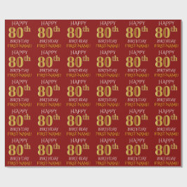 Papel De Presente Vermelho, Faux Dourado "FELIZ ANIVERSÁRIO 80"