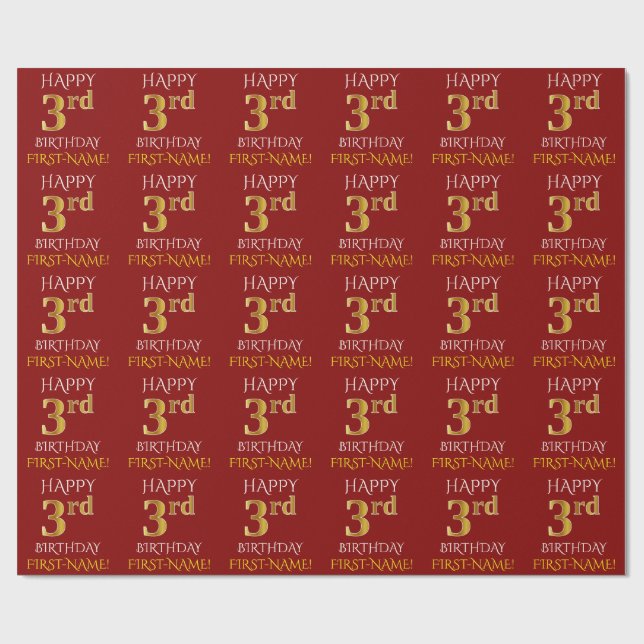 Papel De Presente Vermelho, Faux Dourado "FELIZ aniversário de 3 ano (Aberto)