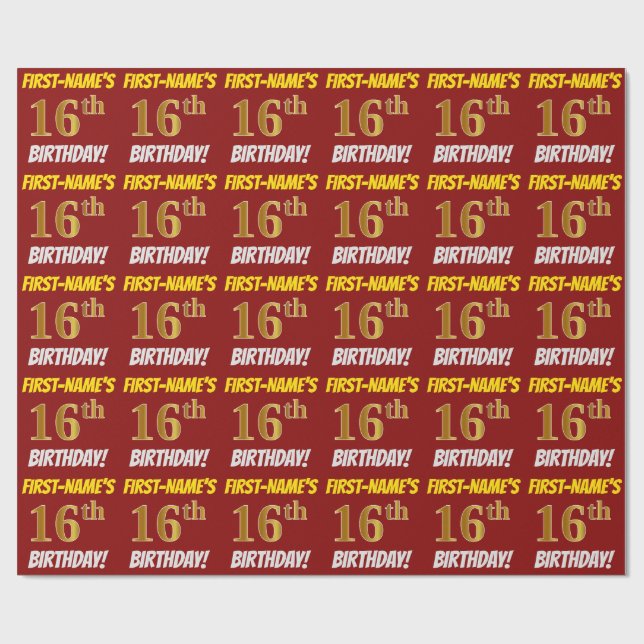 Papel De Presente Vermelho, Faux/Imitação Dourada, "16º ANIVERSÁRIO" (Aberto)