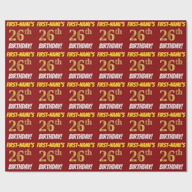 Papel De Presente Vermelho, Faux/Imitação Dourada, "26º ANIVERSÁRIO" (Aberto)