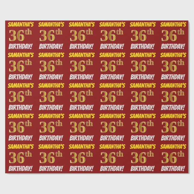 Papel De Presente Vermelho, Faux/Imitação Dourada, "36º ANIVERSÁRIO" (Aberto)