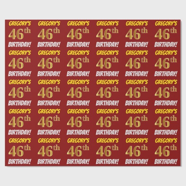 Papel De Presente Vermelho, Faux/Imitação Dourada, "46º ANIVERSÁRIO" (Aberto)