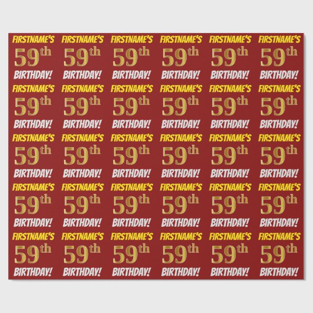 Papel De Presente Vermelho, Faux/Imitação Dourada, "59 ANOS" (Aberto)
