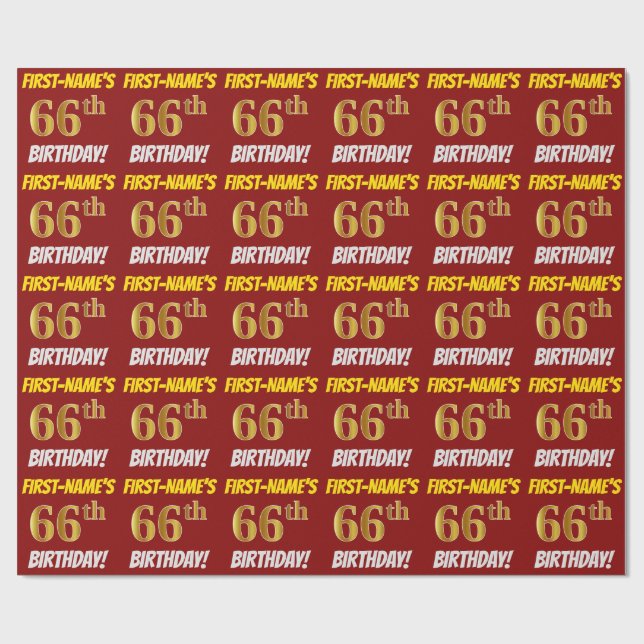Papel De Presente Vermelho, Faux/Imitação Dourada, "66 ANOS" (Aberto)