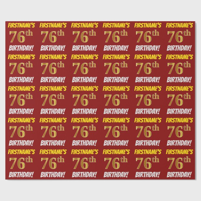 Papel De Presente Vermelho, Faux/Imitação Dourada, "76 ANOS" (Aberto)