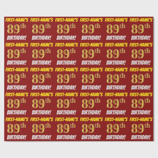 Papel De Presente Vermelho, Faux/Imitação Dourada, "89º ANIVERSÁRIO" (Aberto)