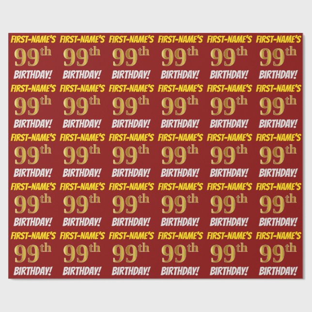 Papel De Presente Vermelho, Faux/Imitação Dourada, "99º ANIVERSÁRIO" (Aberto)