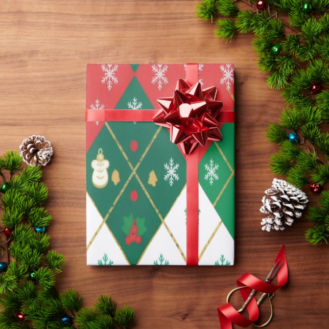 Papel De Presente Vermelho Festivo e Verde Argyle Cheer Natal (Presente de Natal)