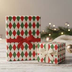 Papel De Presente Vermelho Festivo e Verde Argyle Diamantes Natal