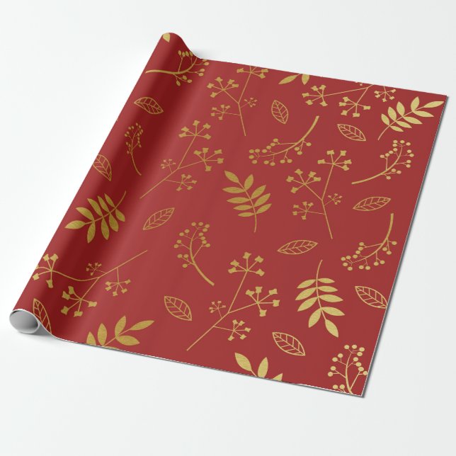 Papel De Presente Vermelho floral botânico do marrom da folha (Desenrolado)