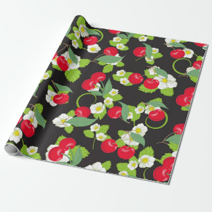 Papel De Presente Vermelho Fruta de Cereja Verde Deixa Bonito Flores
