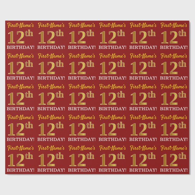 Papel De Presente Vermelho, Imitação Dourada "12 de ANIVERSÁRIO" (Aberto)