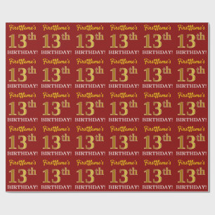 Papel De Presente Vermelho, Imitação Dourada "13 ANIVERSÁRIO"