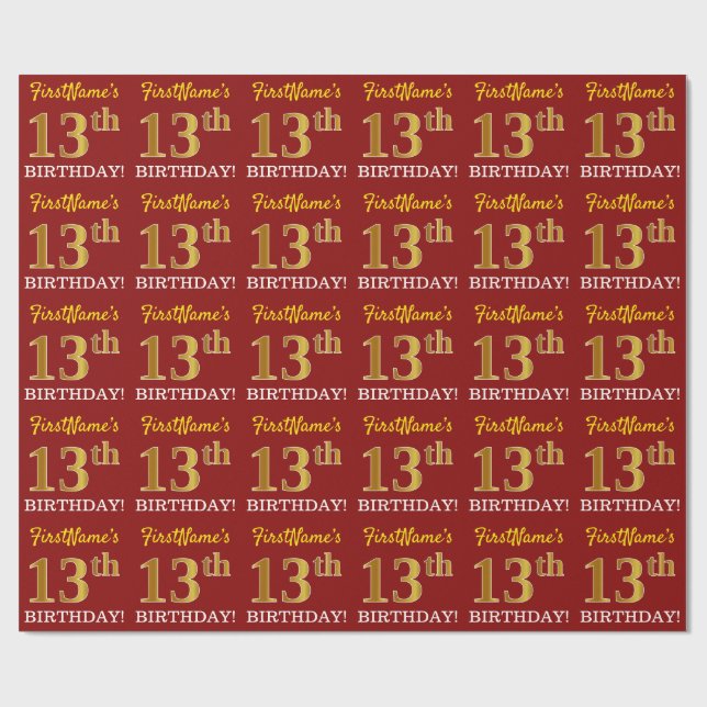 Papel De Presente Vermelho, Imitação Dourada "13 de ANIVERSÁRIO" (Aberto)