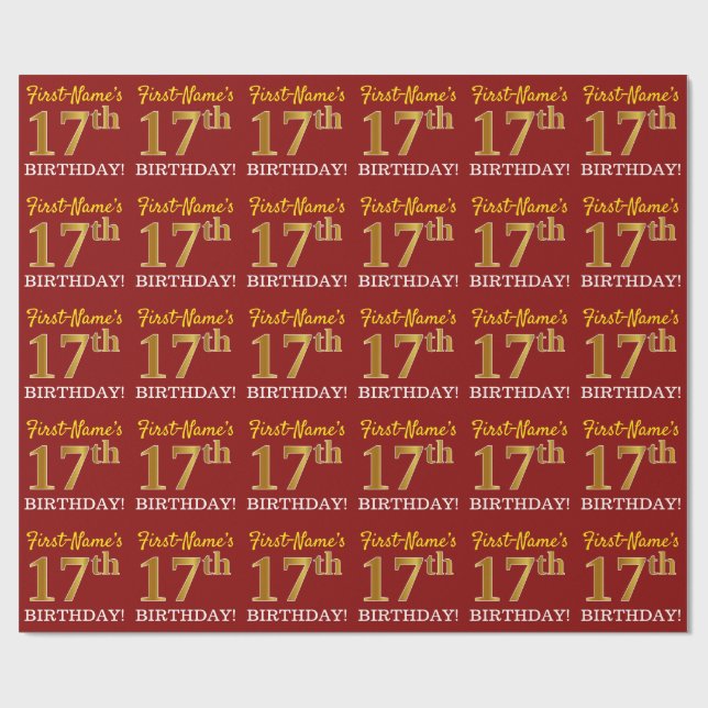 Papel De Presente Vermelho, Imitação Dourada "17º ANIVERSÁRIO" (Aberto)