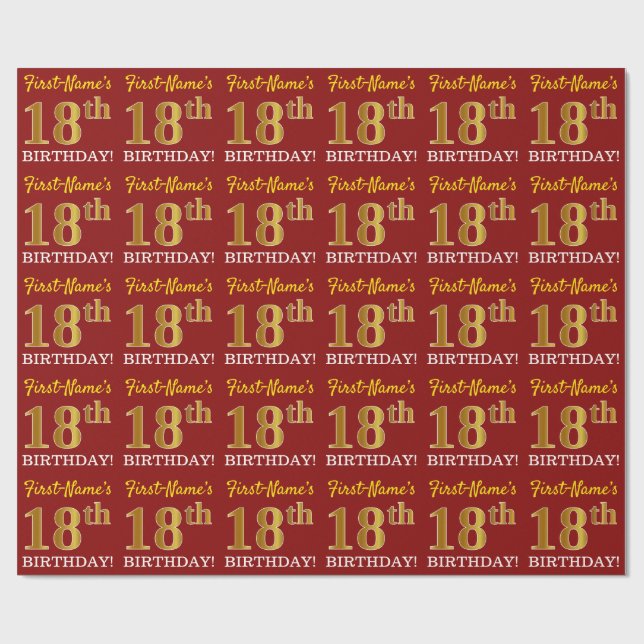 Papel De Presente Vermelho, Imitação Dourada "18º ANIVERSÁRIO" (Aberto)