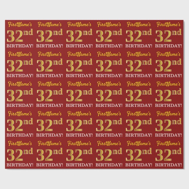 Papel De Presente Vermelho, Imitação Dourada "32º ANIVERSÁRIO" (Aberto)