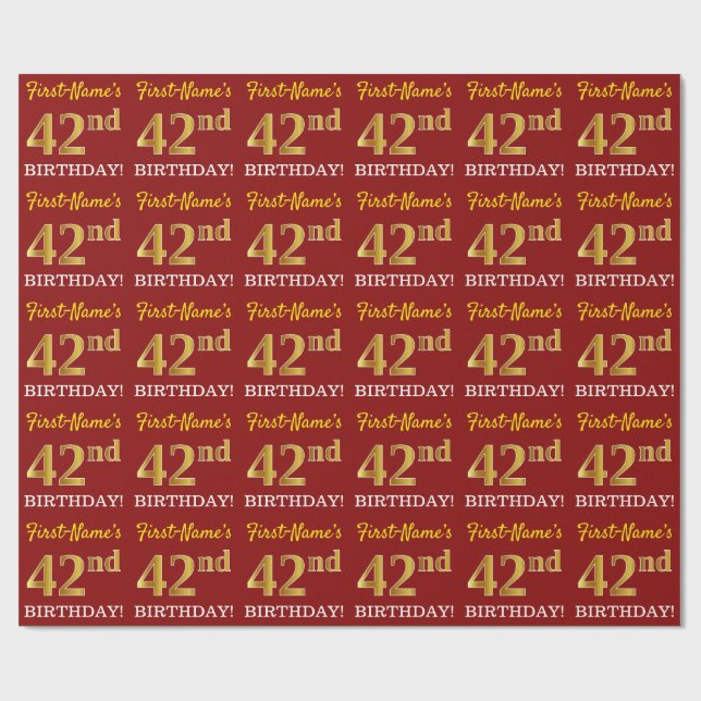 Papel De Presente Vermelho, Imitação Dourada "42º ANIVERSÁRIO" (Aberto)