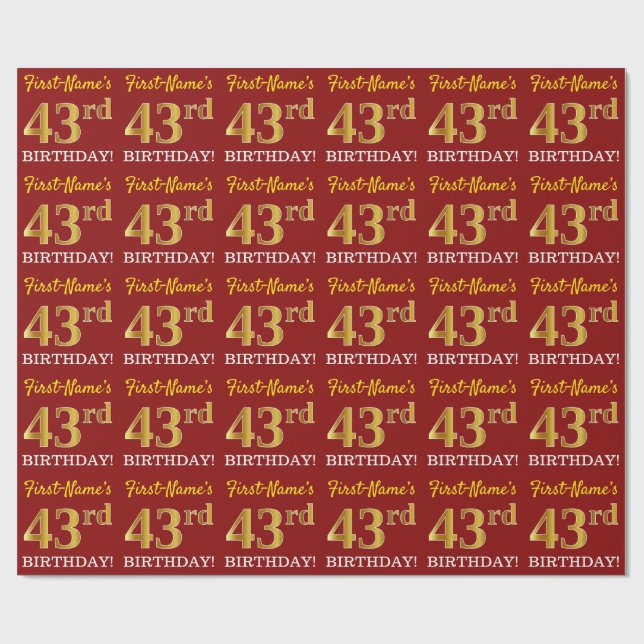 Papel De Presente Vermelho, Imitação Dourada "43º ANIVERSÁRIO" (Aberto)