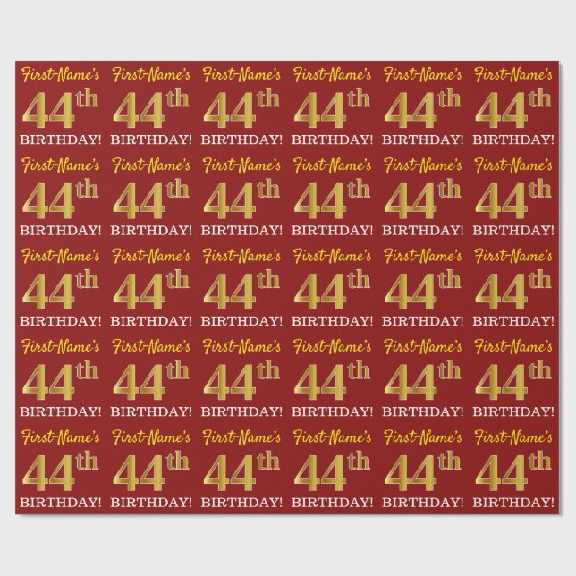 Papel De Presente Vermelho, Imitação Dourada "44 de ANIVERSÁRIO" (Aberto)