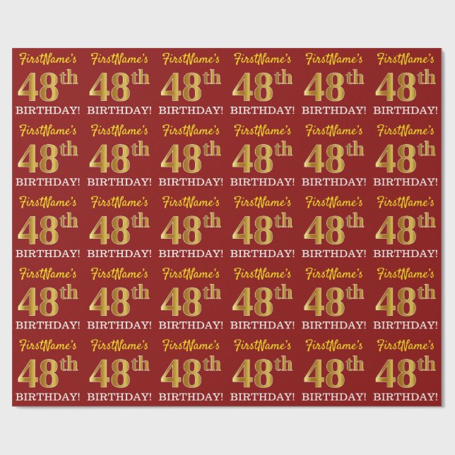 Papel De Presente Vermelho, Imitação Dourada "48º ANIVERSÁRIO" (Aberto)