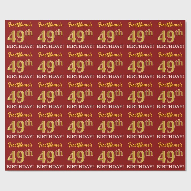 Papel De Presente Vermelho, Imitação Dourada "49º ANIVERSÁRIO" (Aberto)