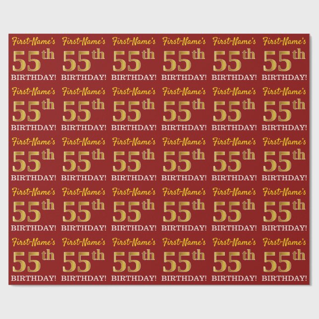 Papel De Presente Vermelho, Imitação Dourada "55 ANOS" (Aberto)