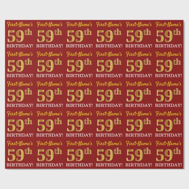Papel De Presente Vermelho, Imitação Dourada "59º ANIVERSÁRIO" (Aberto)