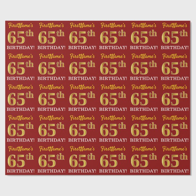 Papel De Presente Vermelho, Imitação Dourada "65 ANOS" (Aberto)