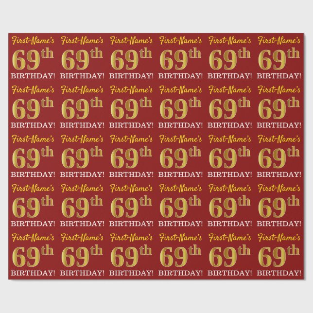 Papel De Presente Vermelho, Imitação Dourada "69 ANOS" (Aberto)