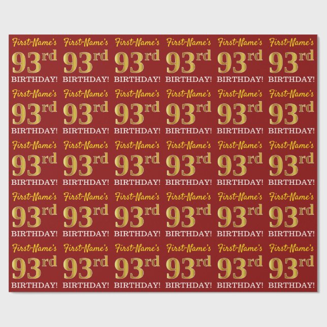 Papel De Presente Vermelho, Imitação Dourada "93º ANIVERSÁRIO" (Aberto)
