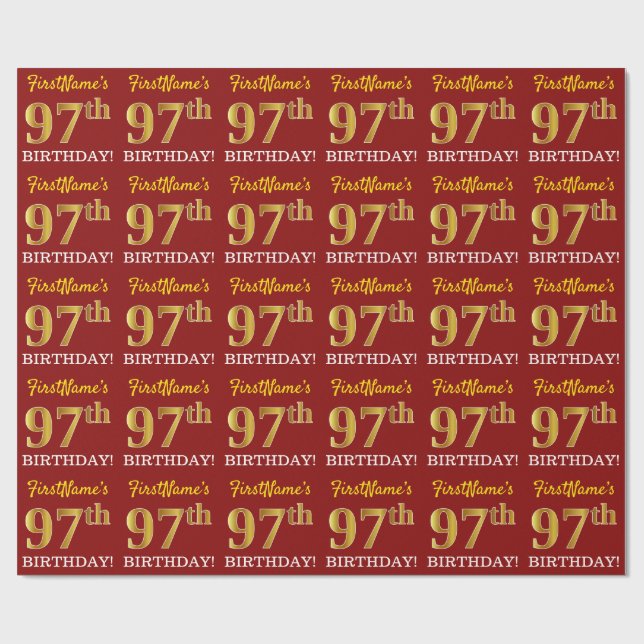 Papel De Presente Vermelho, Imitação Dourada "97º ANIVERSÁRIO" (Aberto)