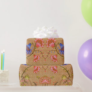 Papel De Presente Vermelho Imperial e Dourado Floral Entrelaçado em