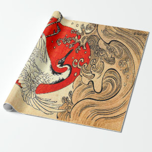 PAPEL DE PRESENTE VERMELHO, JAPONÊS FLYING CRANE E ONDAS MARÍTIMAS