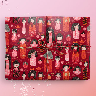 Papel De Presente Vermelho Kokeshi japonês ilustrado