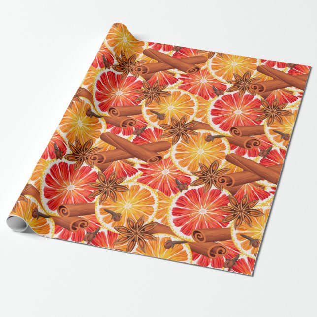 Papel De Presente Vermelho Laranja Citrus e Especiarias Feliz Natal (Desenrolado)