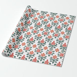 Papel De Presente Vermelho, Laranja e Verde Floral