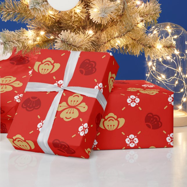 Papel De Presente Vermelho Padrão Floral Tradicional de Ano Novo Chi (Feriados)