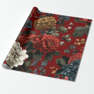 Papel De Presente Vermelho Rústico Botânico Ousado Vintage Boho Flor